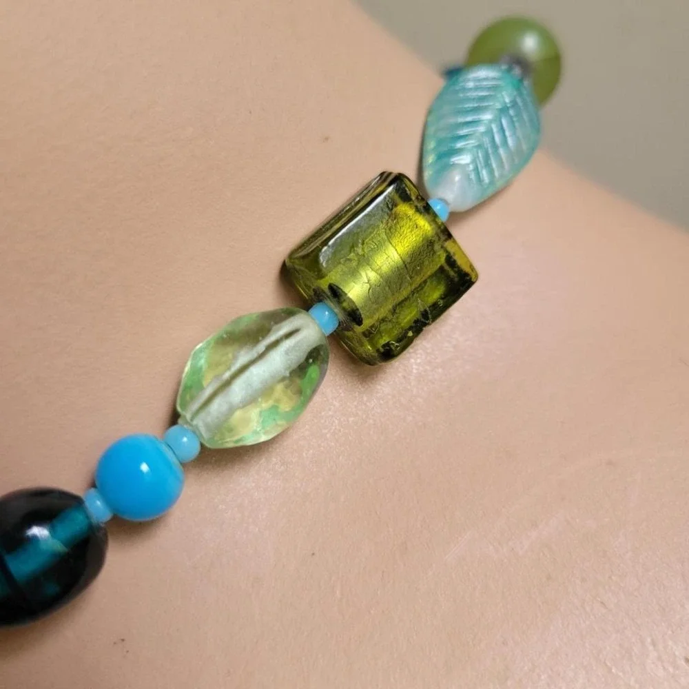 vintage mixed glass resin bead necklace turquoise green silver tone eclectic y2k